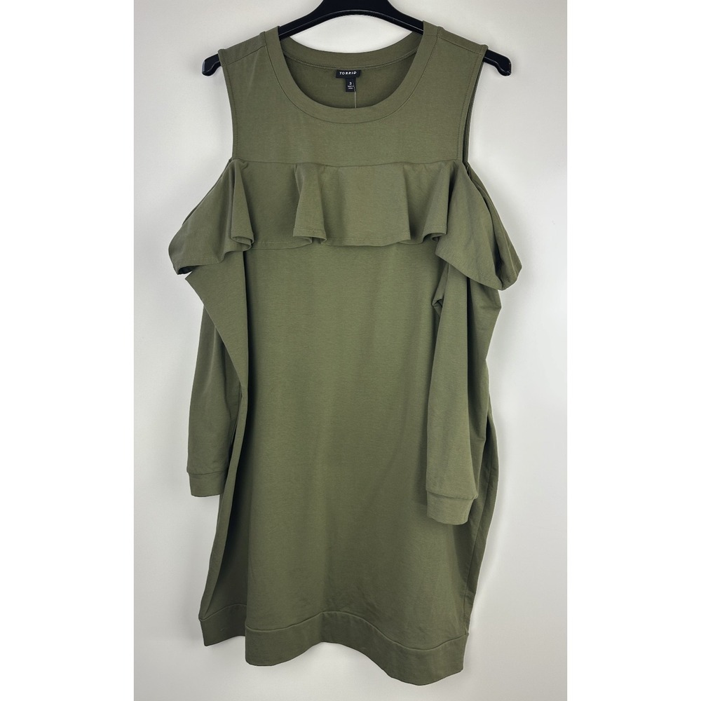 NWT Torrid Olive Green Ruffled Knit Sweatshirt Dress Cold Shoulder Plus Size 3X - Picture 2 of 9